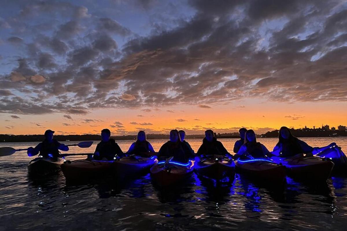 un grup de oameni în canoe în apă la apus