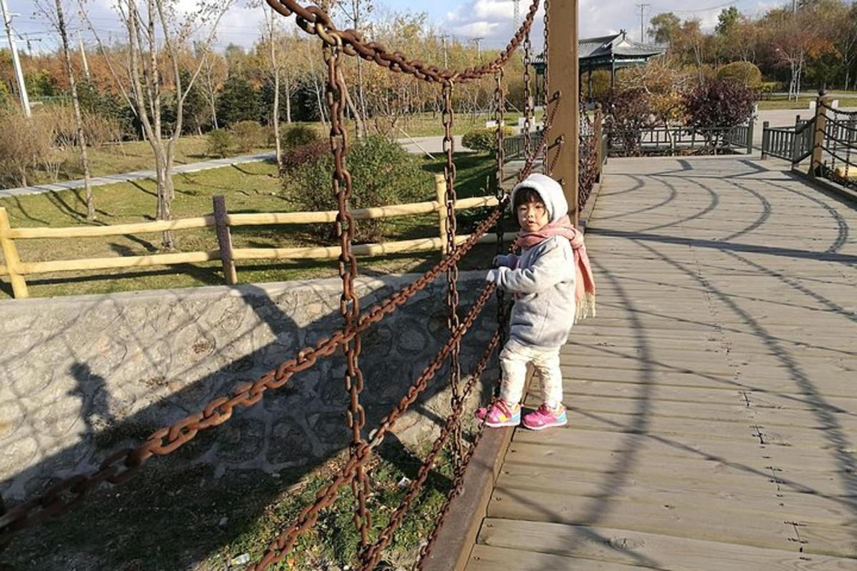 a little girl standing next to a fence