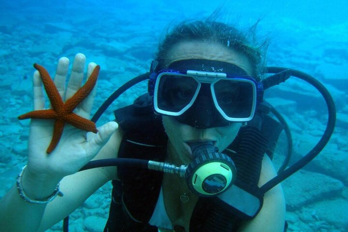 una persona con una máscara de snorkel y una estrella de mar