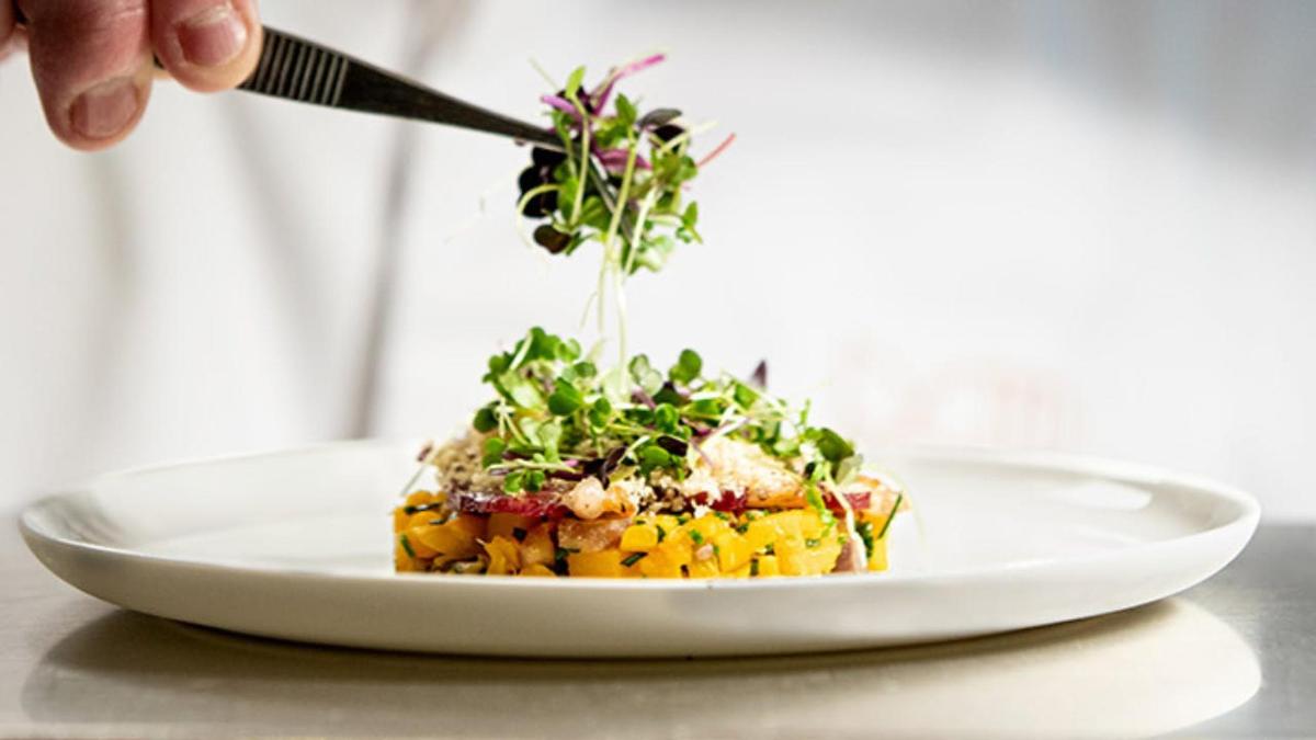 una persona que sostiene un tenedor y un plato de comida