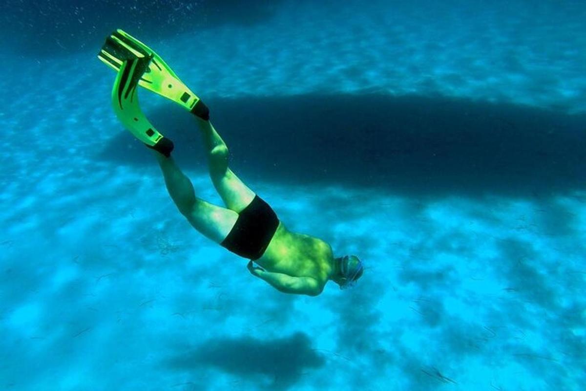 seorang pria berenang di air dengan sirip