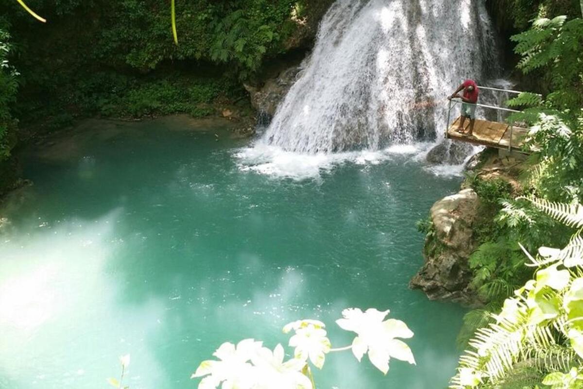una persona in piedi su un ponte di fronte a una cascata