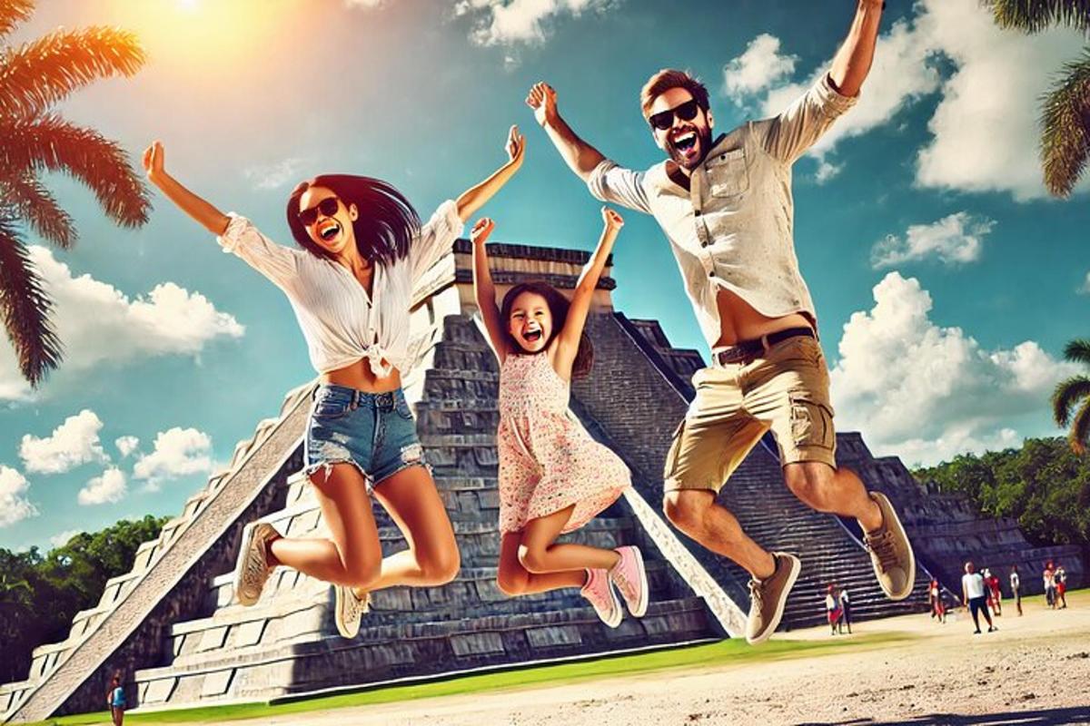 bir binanın önünde zıplayan üç kişilik bir grup
