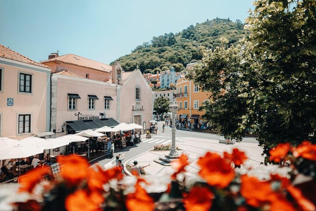 una vista di una città con fiori arancioni in primo piano