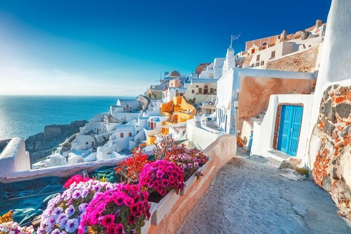 una vista d'un grup d'edificis blancs i flors