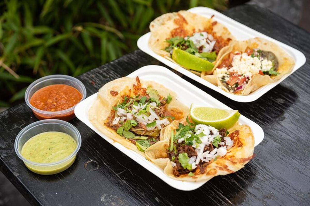 trei farfurii cu mâncare pe o masă cu tacos și salsa