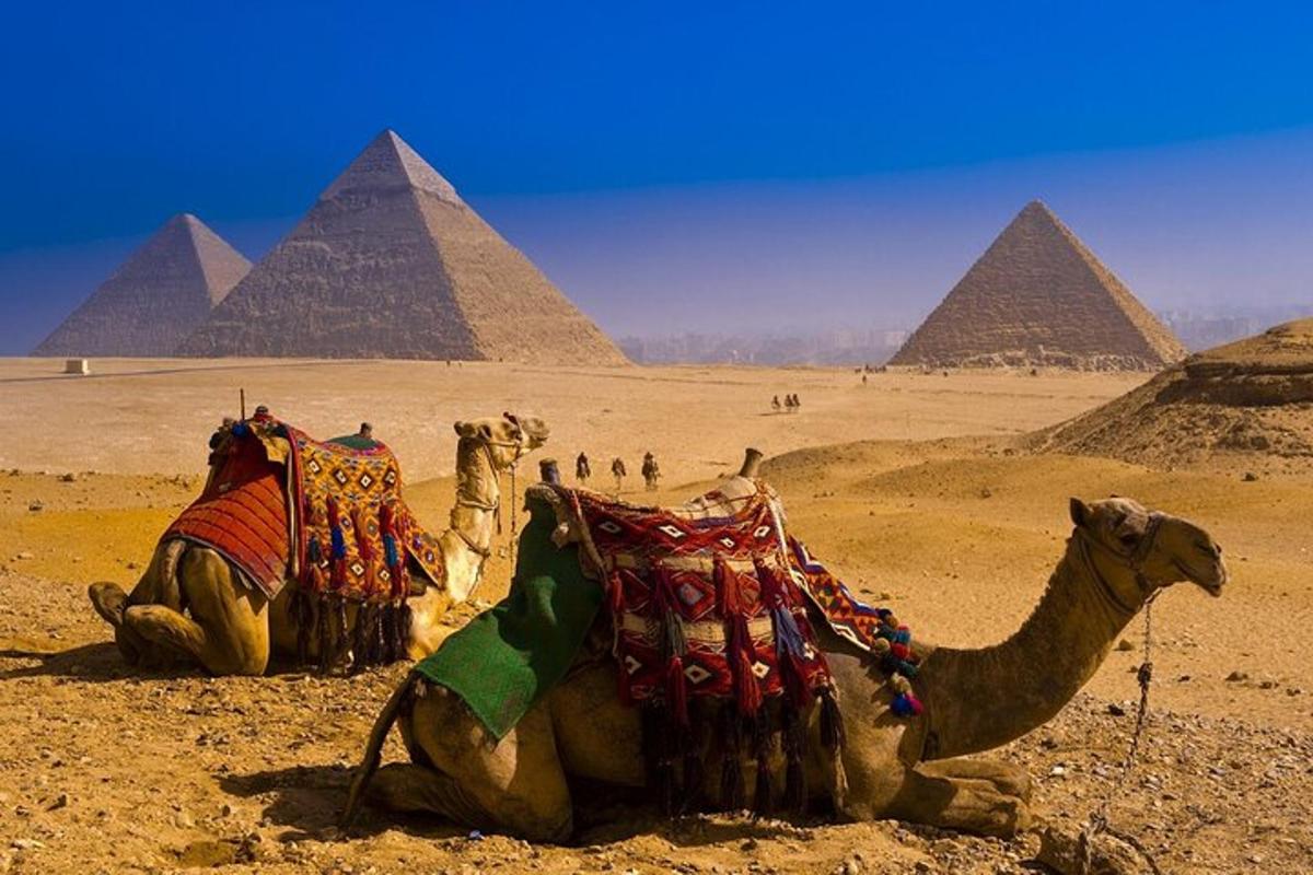 Dve ťavy sediace v púšti neďaleko pyramíd