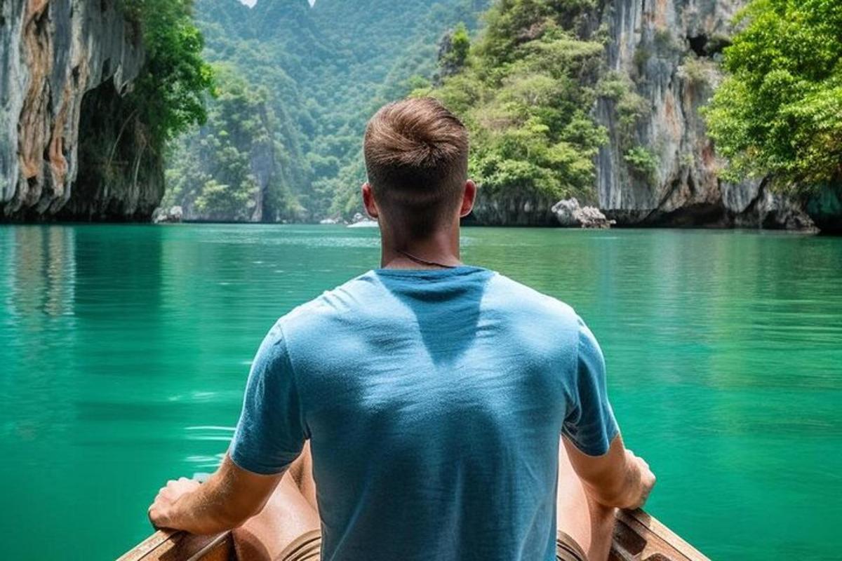 a man is sitting in a boat in the water