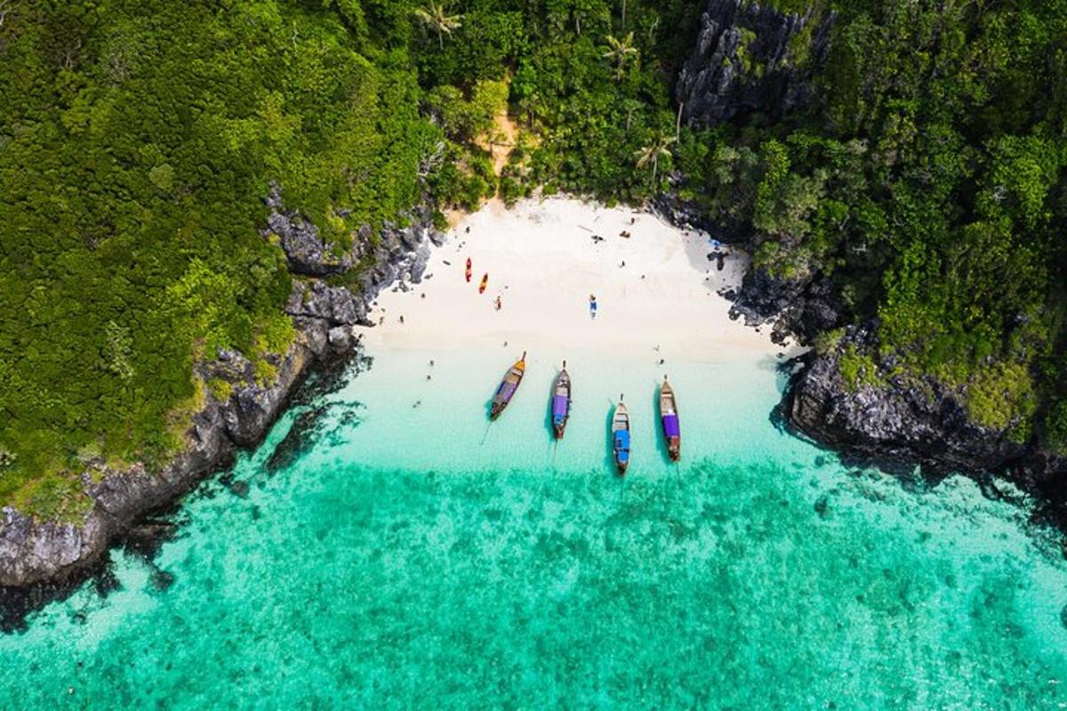 an aerial view of boats in the water at a beach
