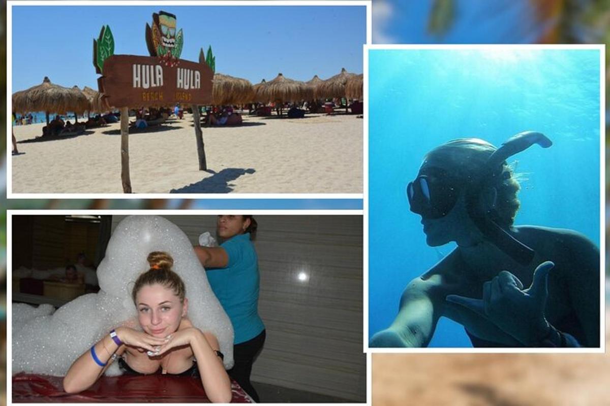 kolaž slik ženske v peneči kopeli na plaži