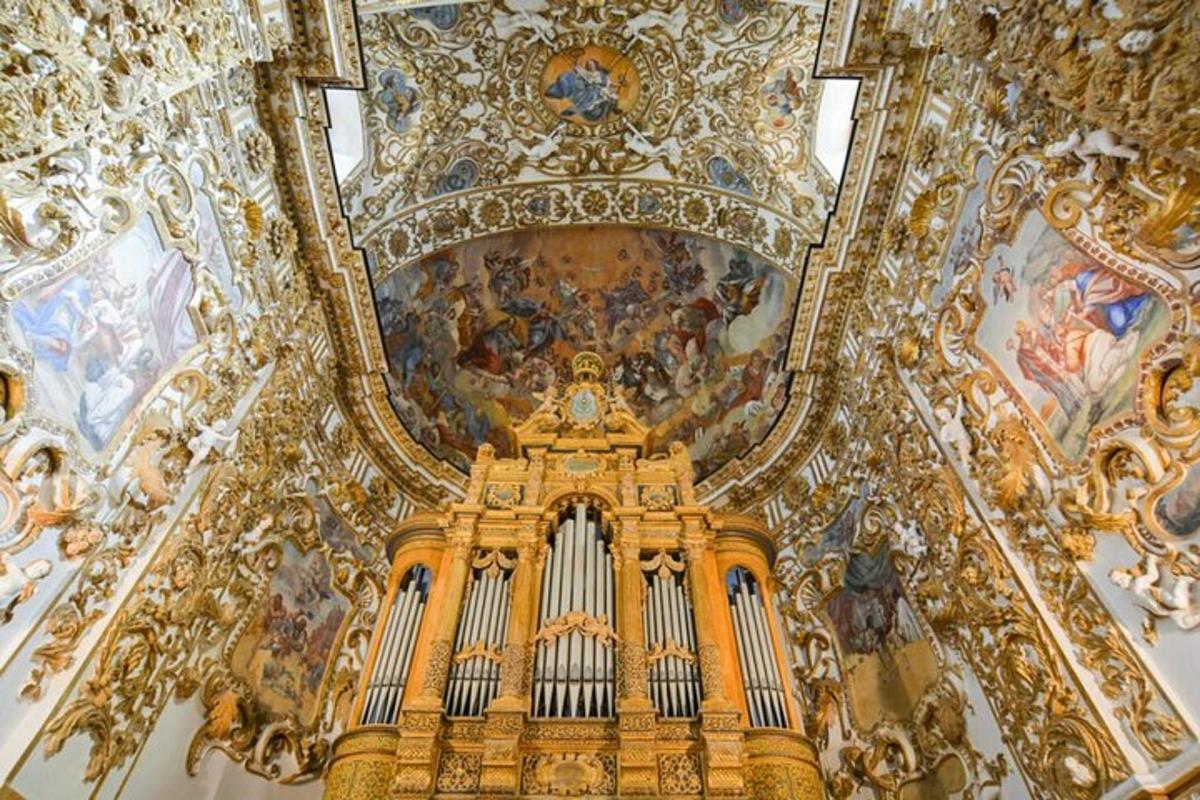 a church with a organ and paintings on the ceiling