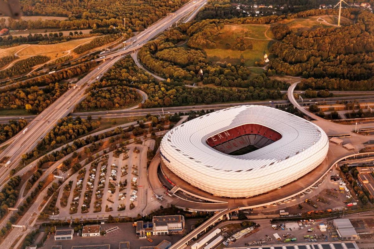 an overhead view of a soccer stadium