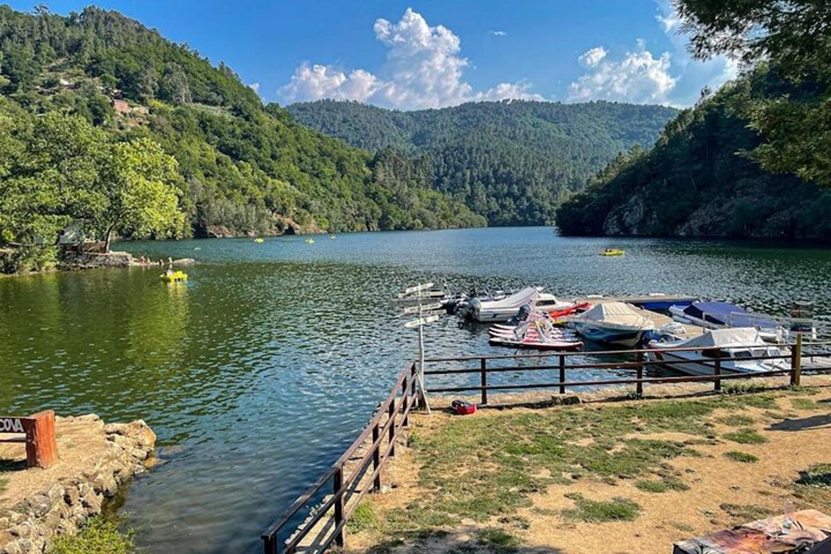 a group of boats are docked on a lake