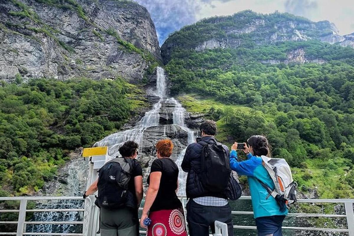 un grup de persones dretes en un pont mirant una cascada