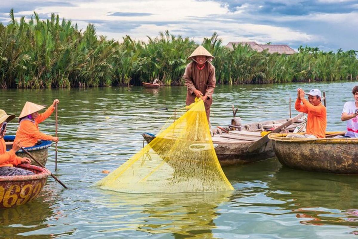 a group of people on boats with a net in the water