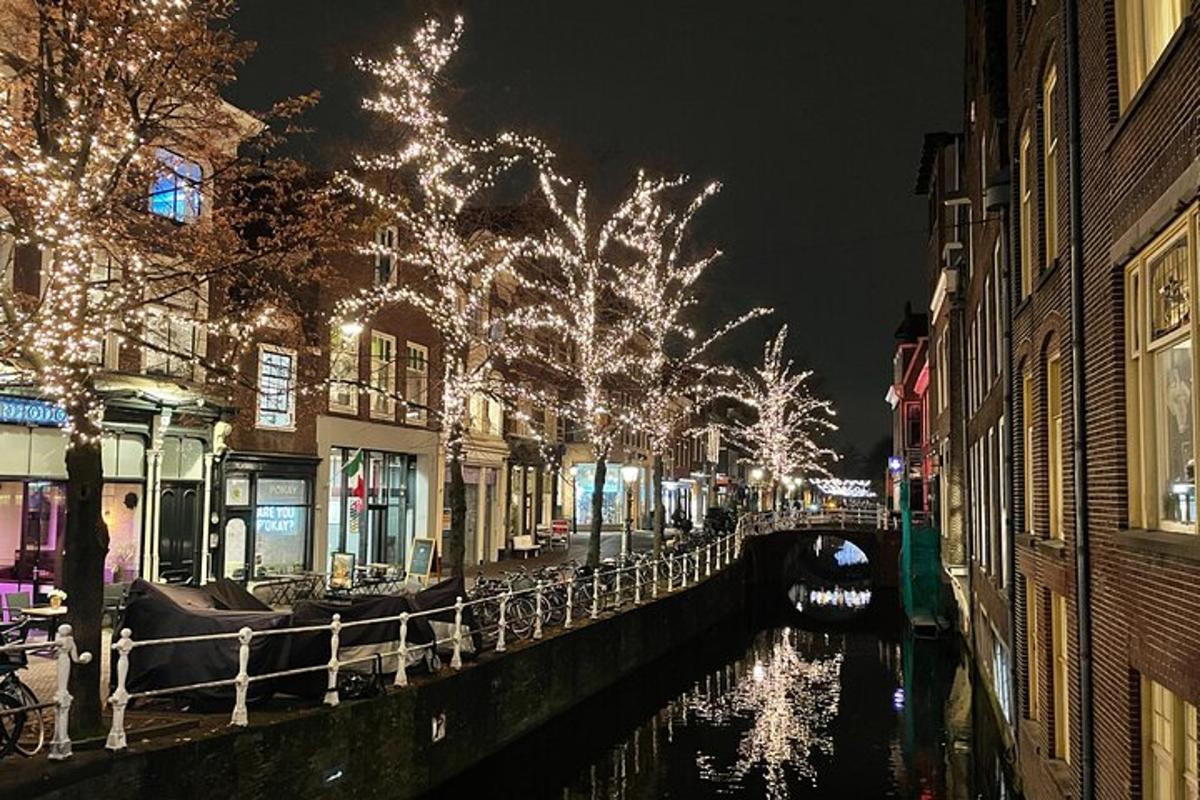 un canale con luci di Natale su alberi ed edifici