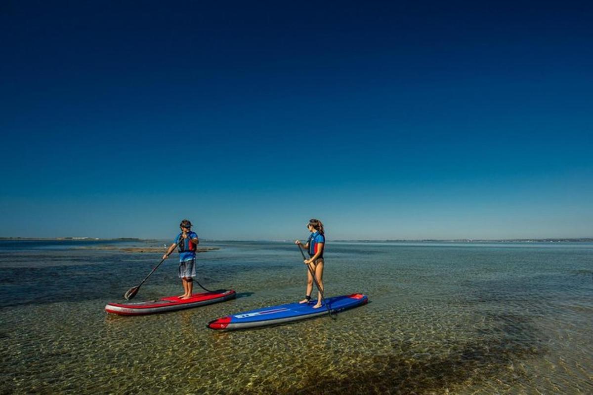deux personnes sont debout sur des planches à pagaie sur la plage