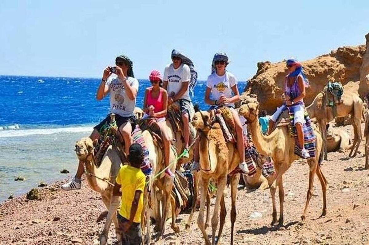 un gruppo di persone a cavallo di cammelli sulla spiaggia