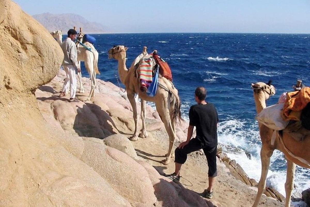 un grup de persones muntant camells per les roques prop de l'oceà