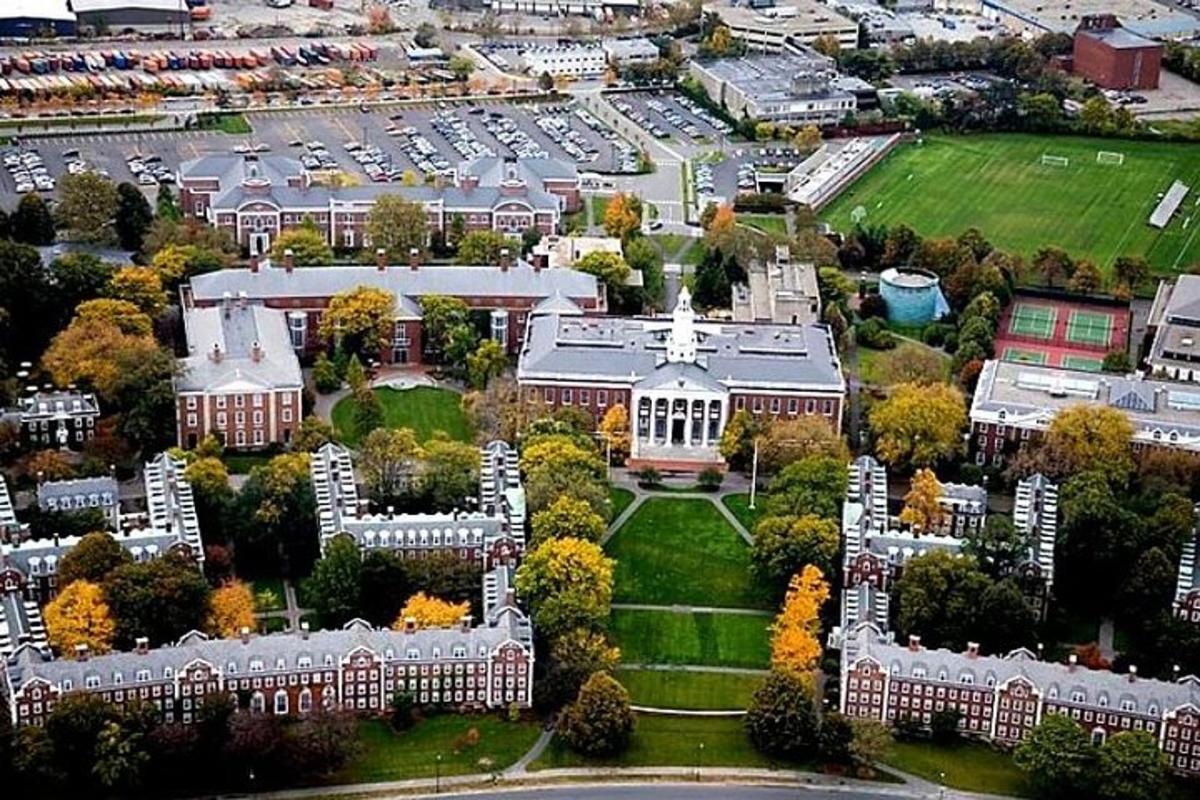 an aerial view of a large building in a city