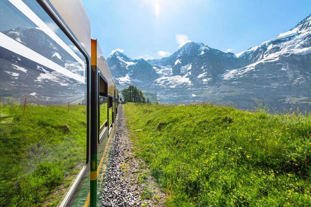 ein Zug, der durch ein Feld mit schneebedeckten Bergen fährt