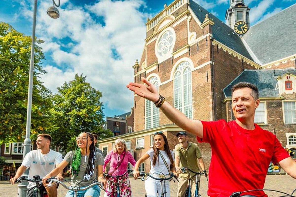 a group of people on bikes in front of a church