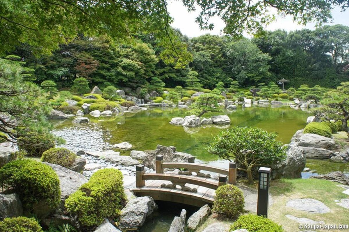 a bridge over a pond in a garden