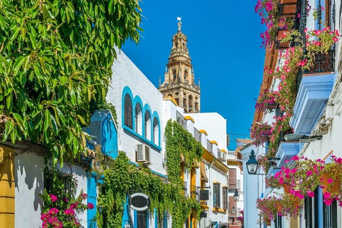 a city street with a clock tower in the background