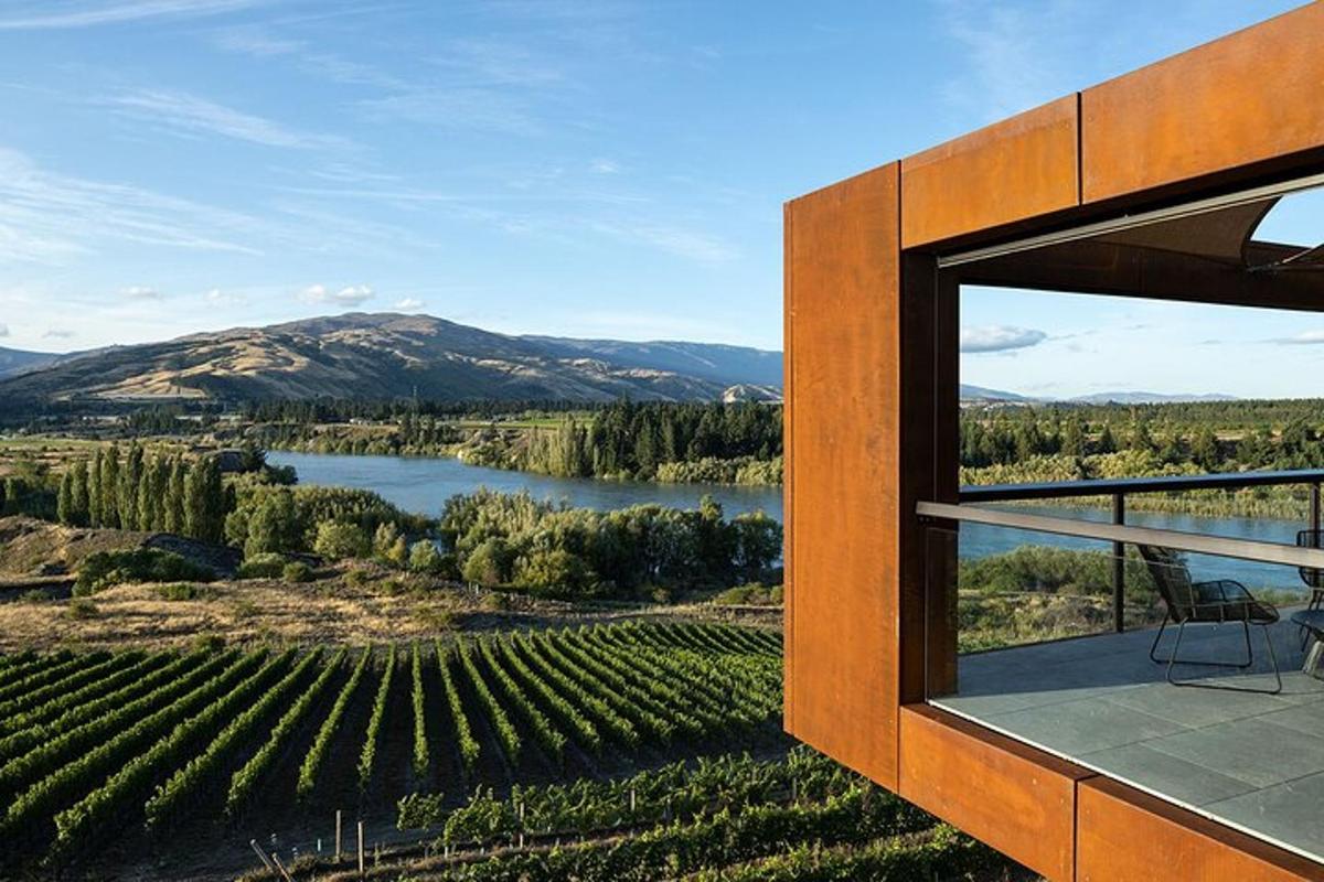 a house with a view of a vineyard and a river