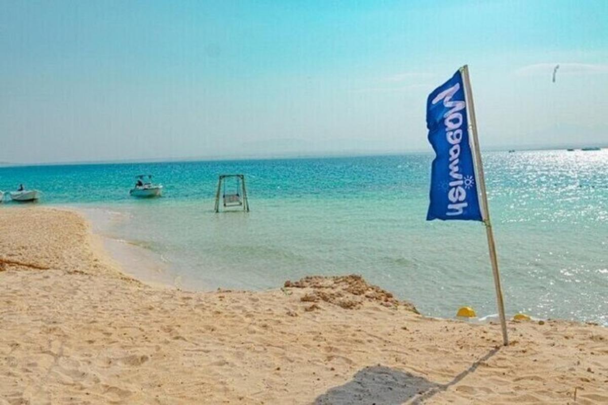 a flag in the sand on a beach