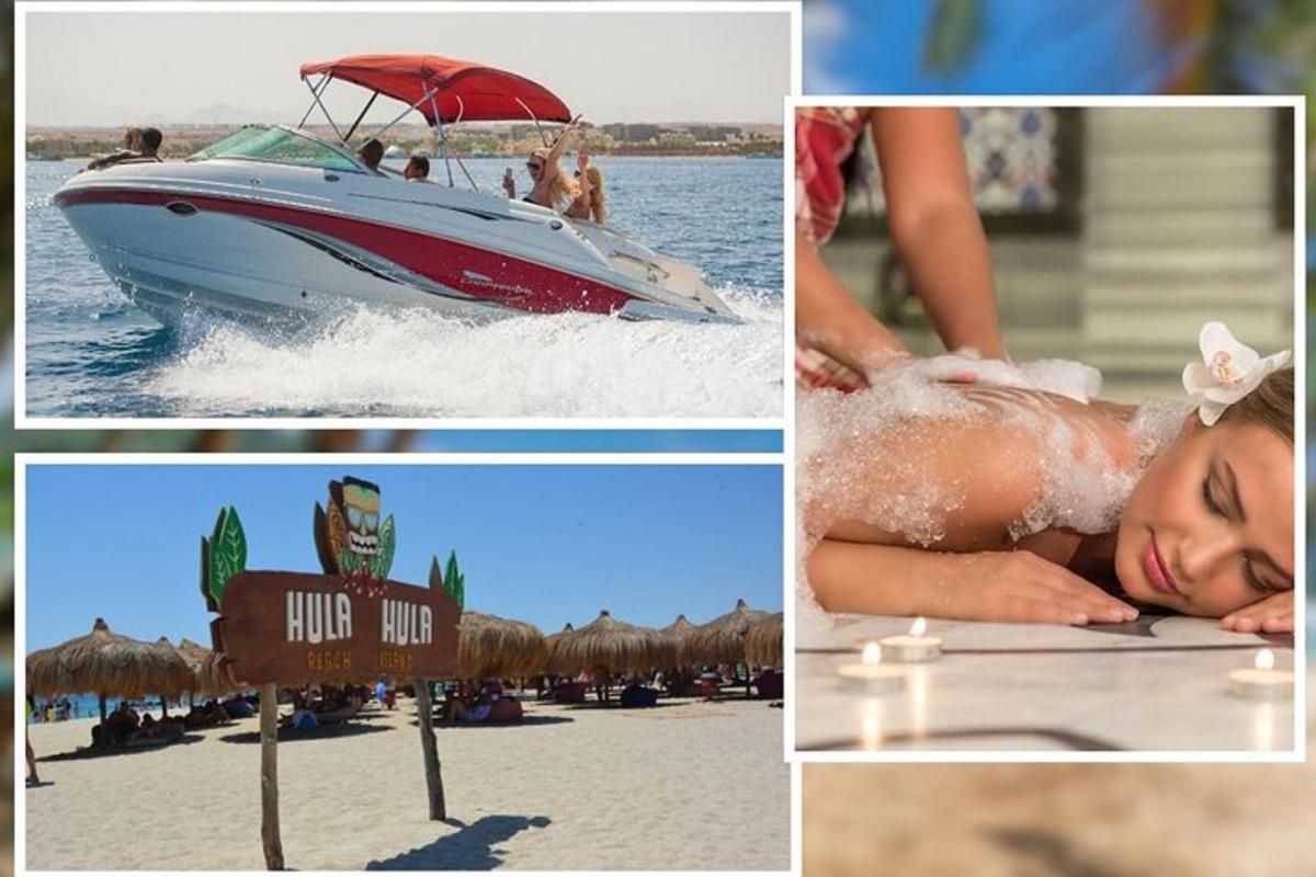 Un collage de fotos de una playa y un barco.