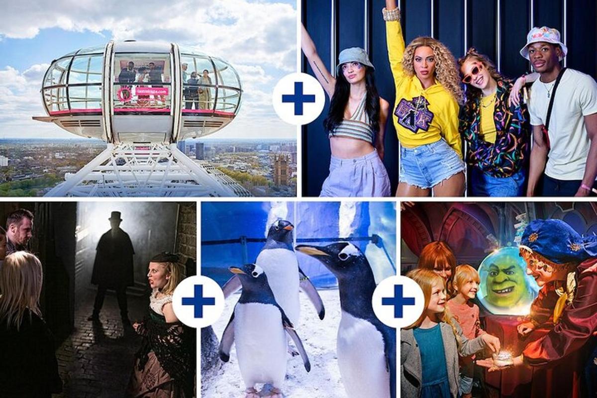 a collage of pictures of people and a penguin