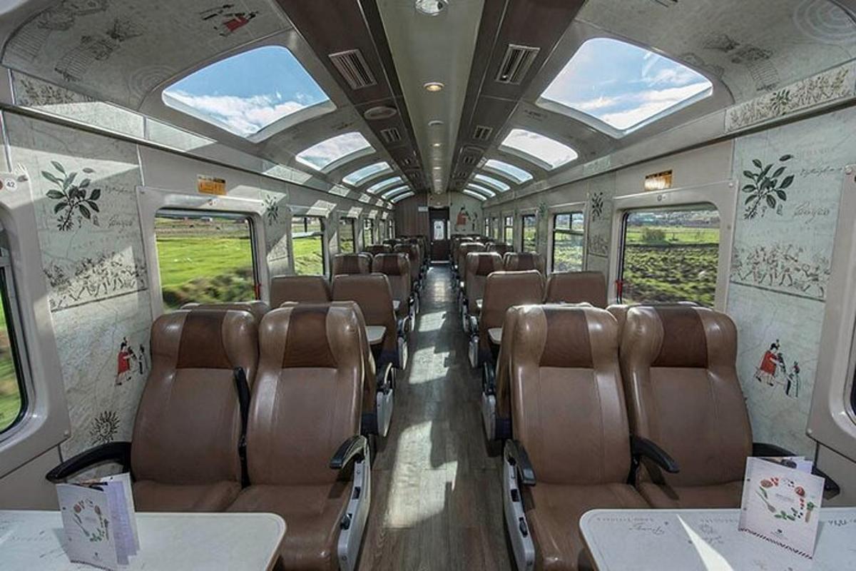 un vagon de tren gol cu scaune și geamuri maro