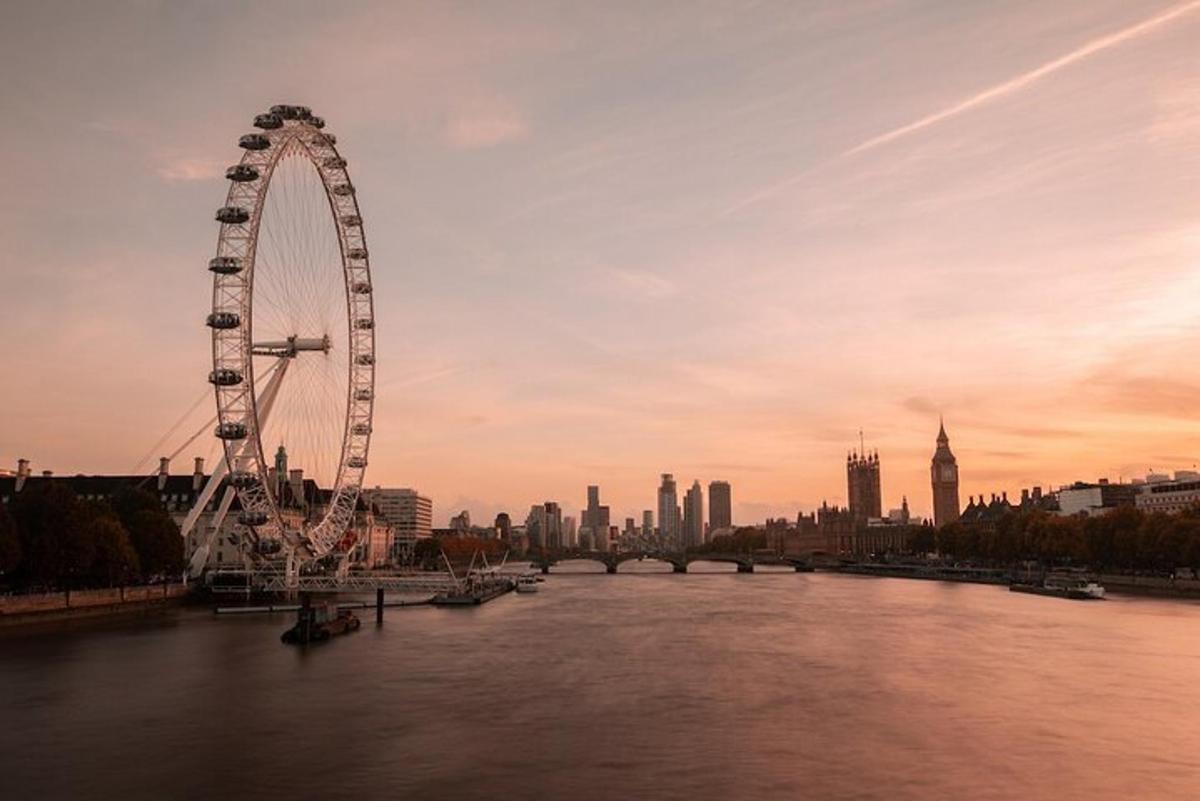 a ferris wheel on a river with a city