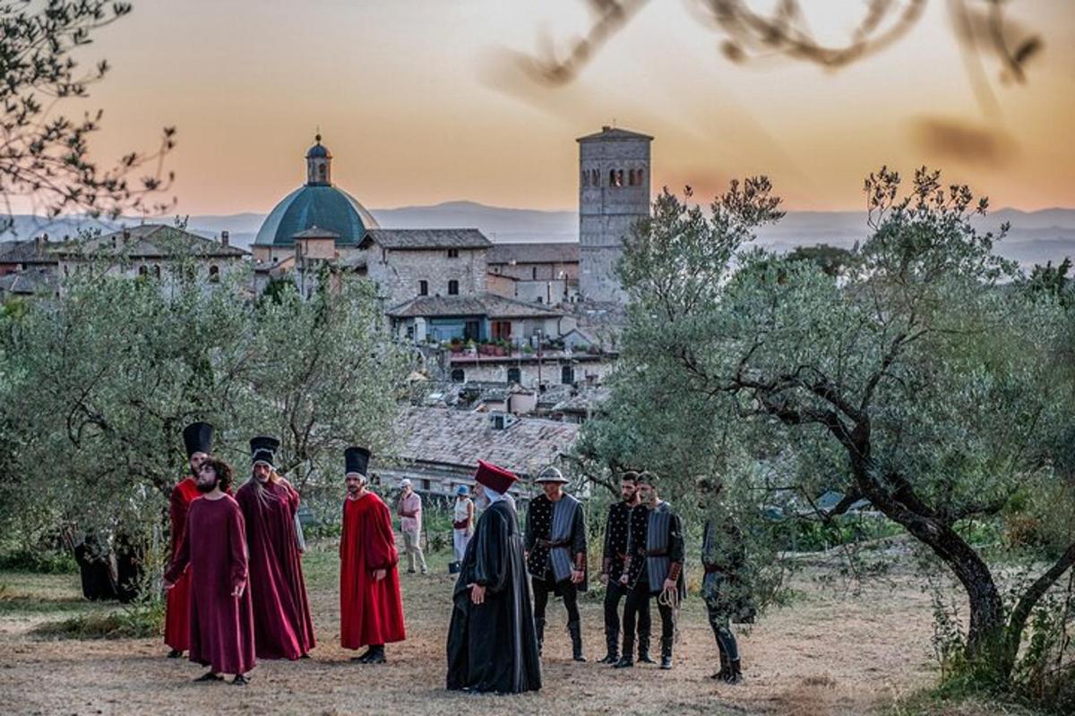 a group of people standing in front of a castle