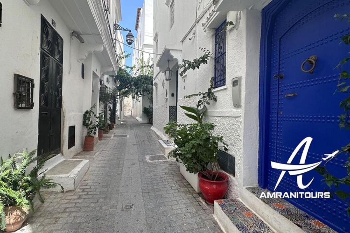 an alley with a blue door and potted plants