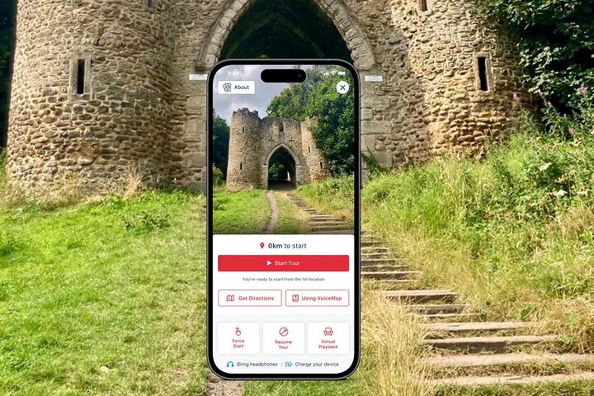 a cell phone in front of a castle
