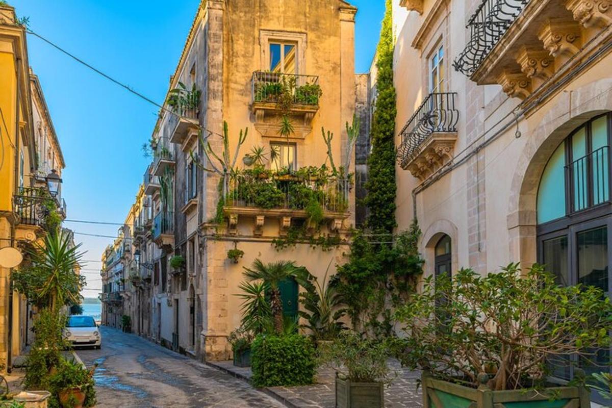 an alley in an old building with potted plants