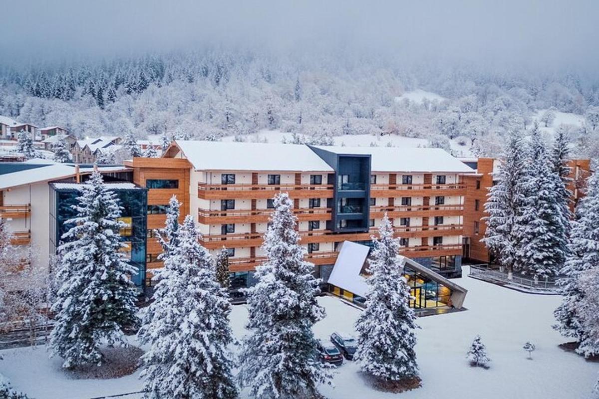 sebuah hotel di salju dengan pepohonan yang tertutup salju