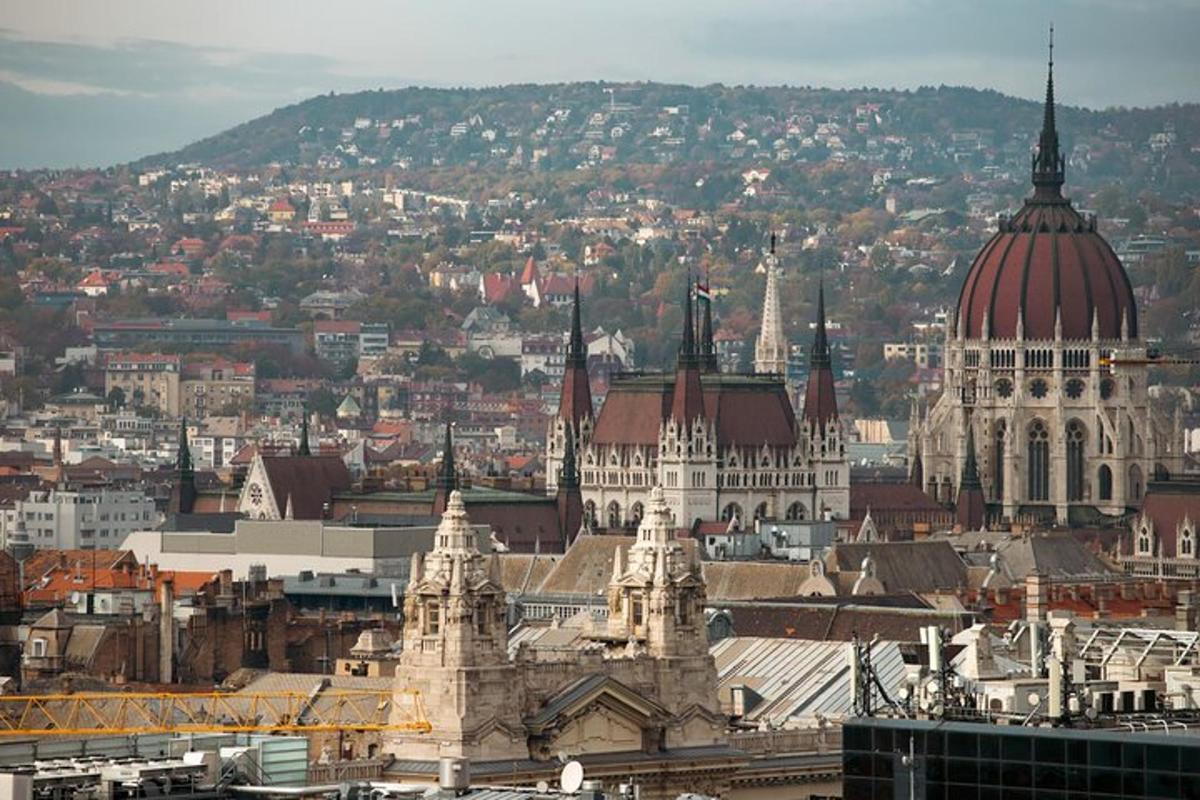 a view of a city with buildings and a cathedral