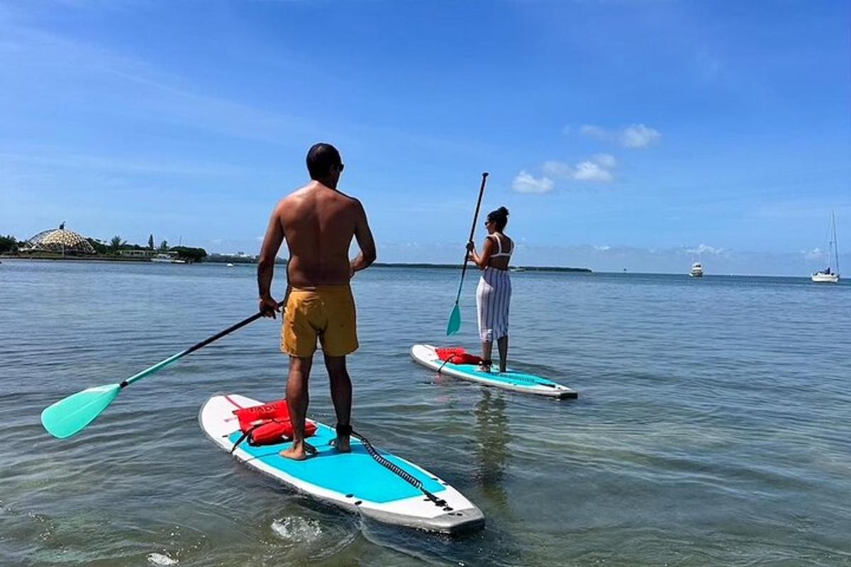 due persone sono in piedi su tavole da paddle in acqua
