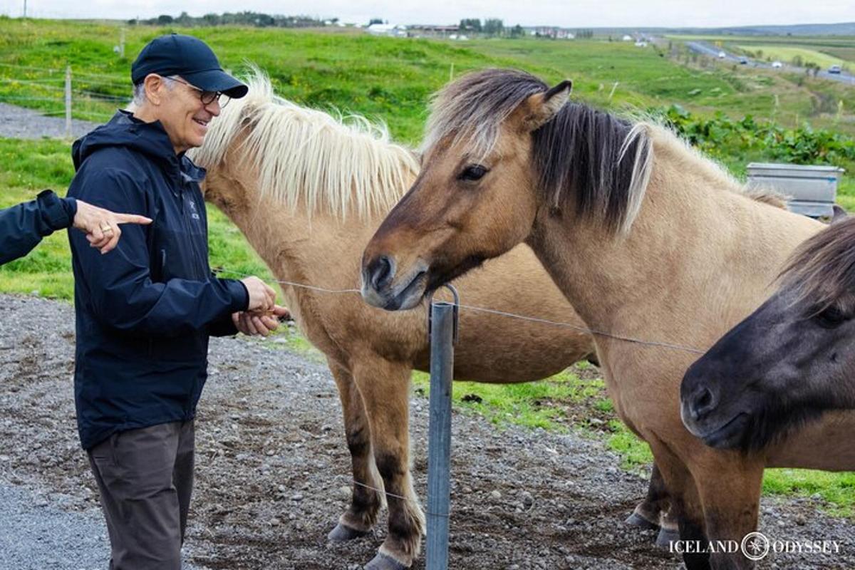 a man is standing next to two horses