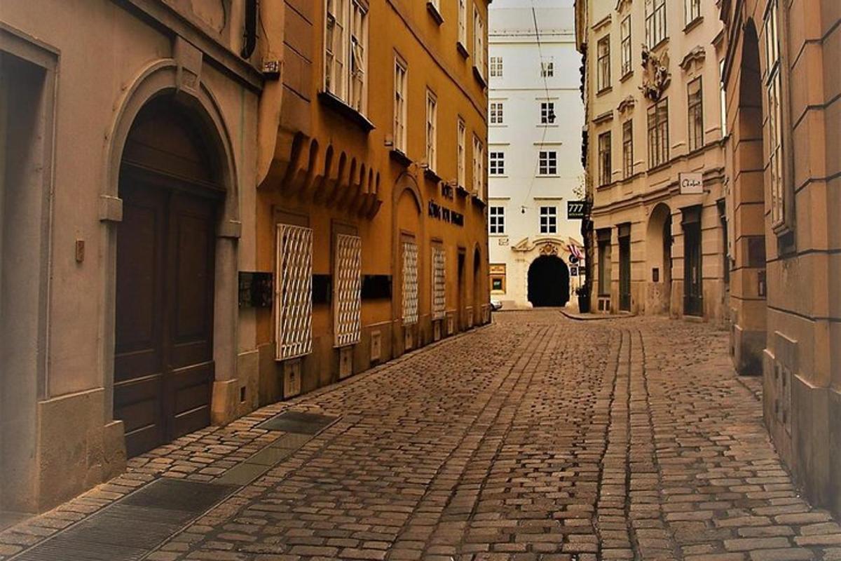 tuščia akmenimis grįsta gatvė mieste su pastatais