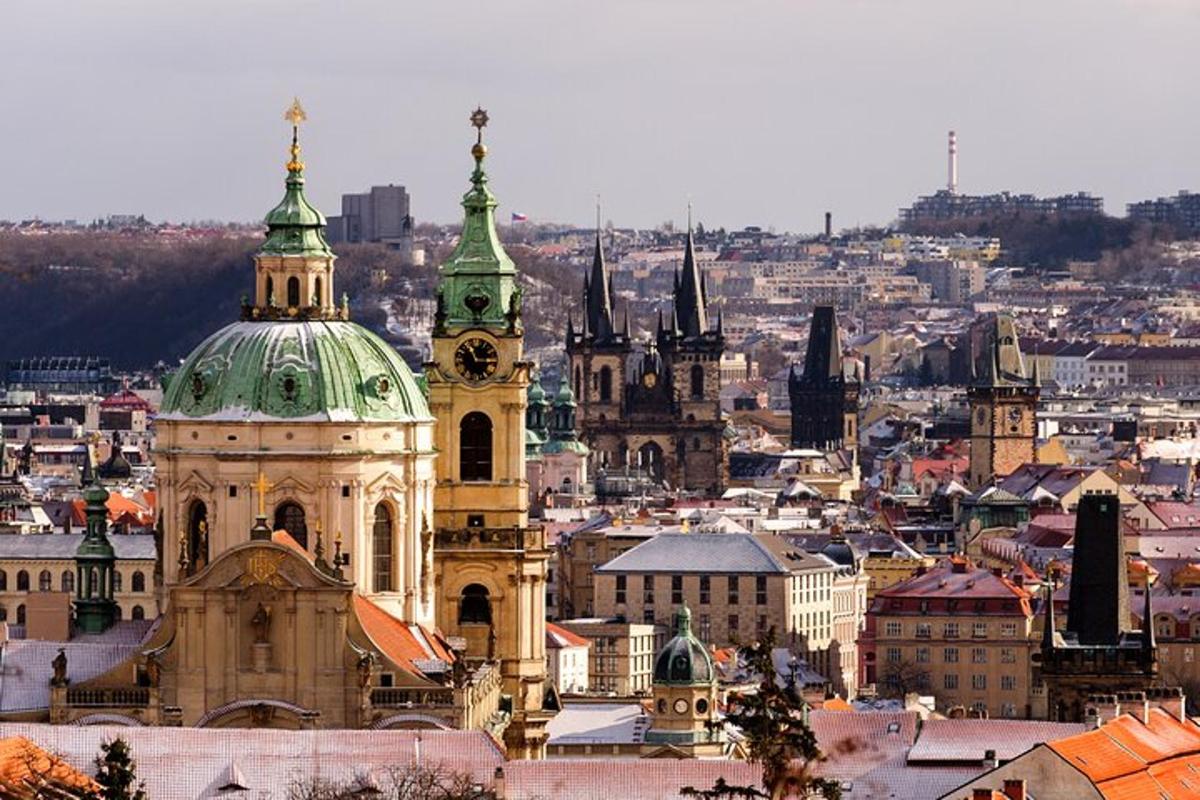 a view of a city with a clock tower