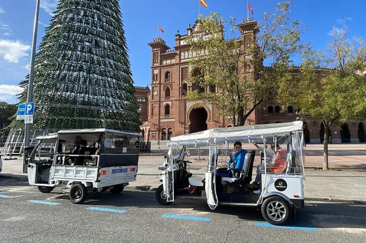 dalawang golf cart ang nakaparada sa harap ng isang christmas tree