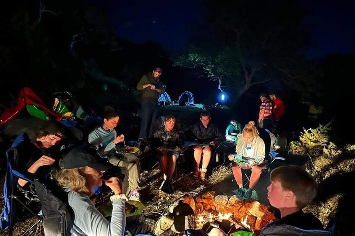 un grup de oameni care stau în jurul unui foc noaptea