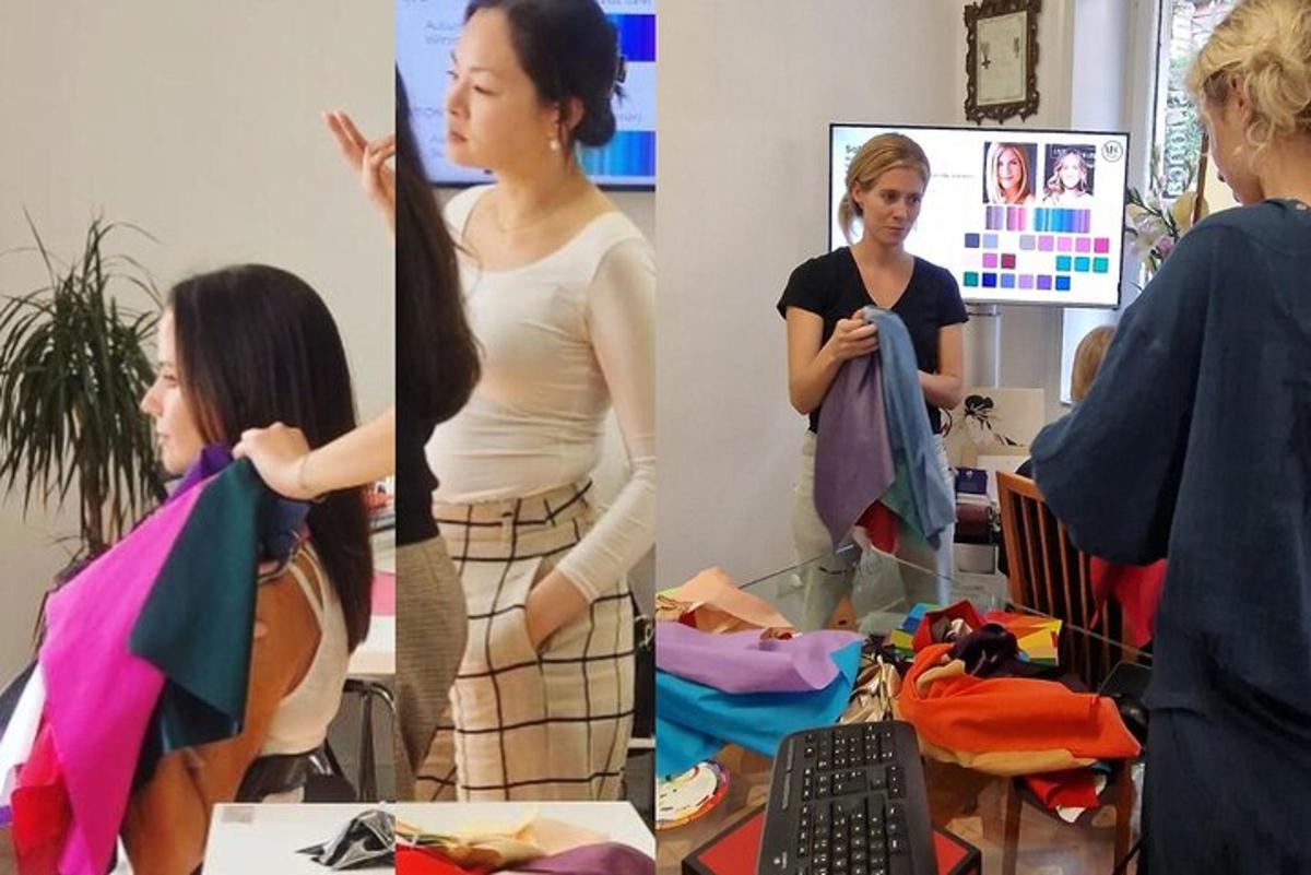 twee foto's van een vrouw in een kamer met een sjaal in haar handen