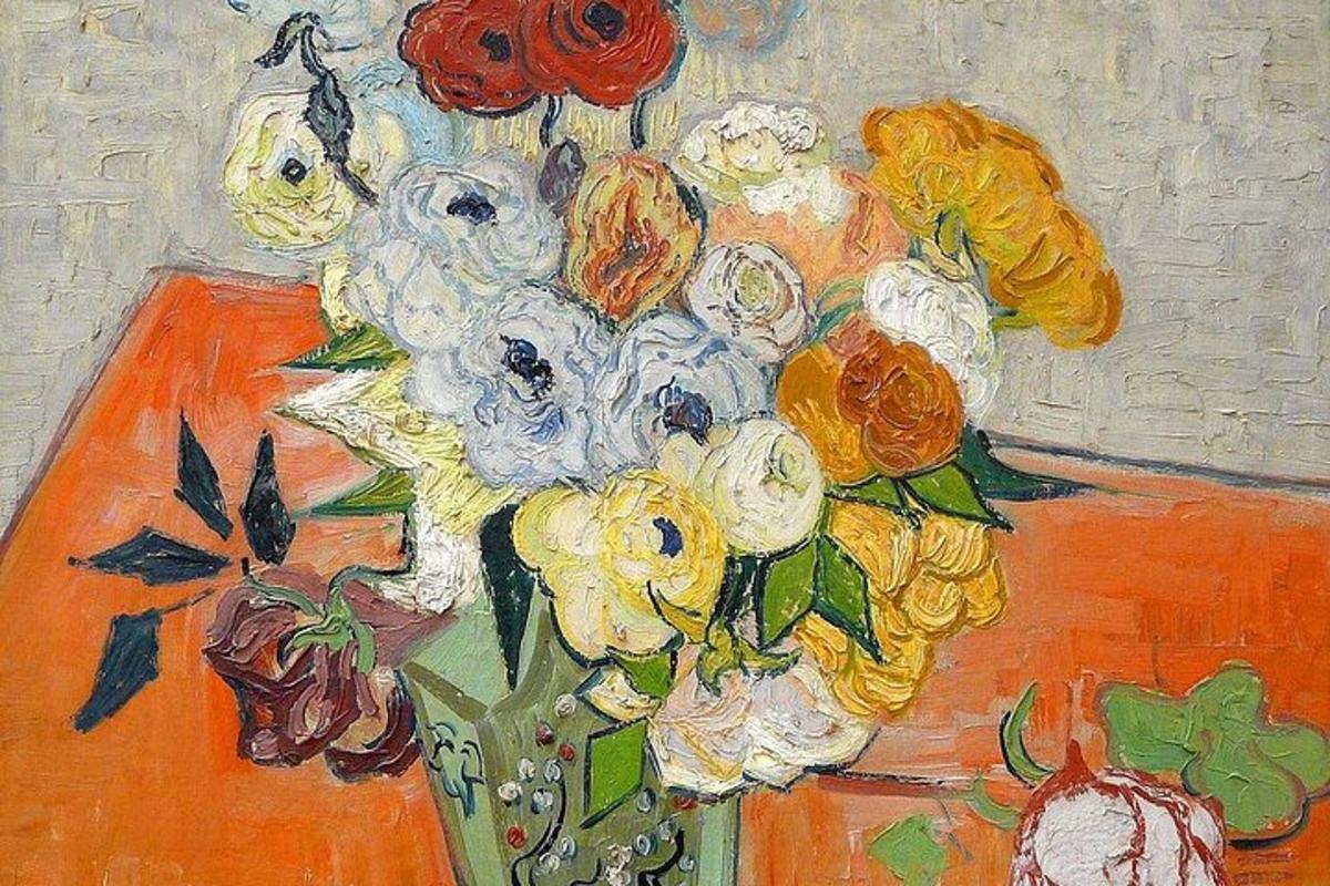 a painting of a vase of flowers on a table
