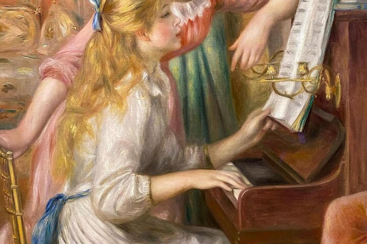 a painting of a woman playing a piano