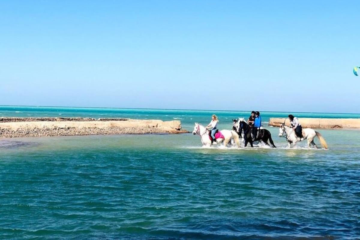 a group of people riding horses in the water
